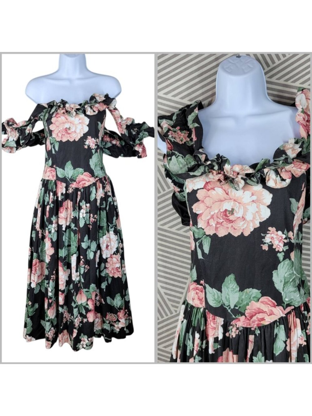 Vintage Floral Party Dress 10/12 Medium Midi Alt Cottagecore Ruffle Flare Skirt